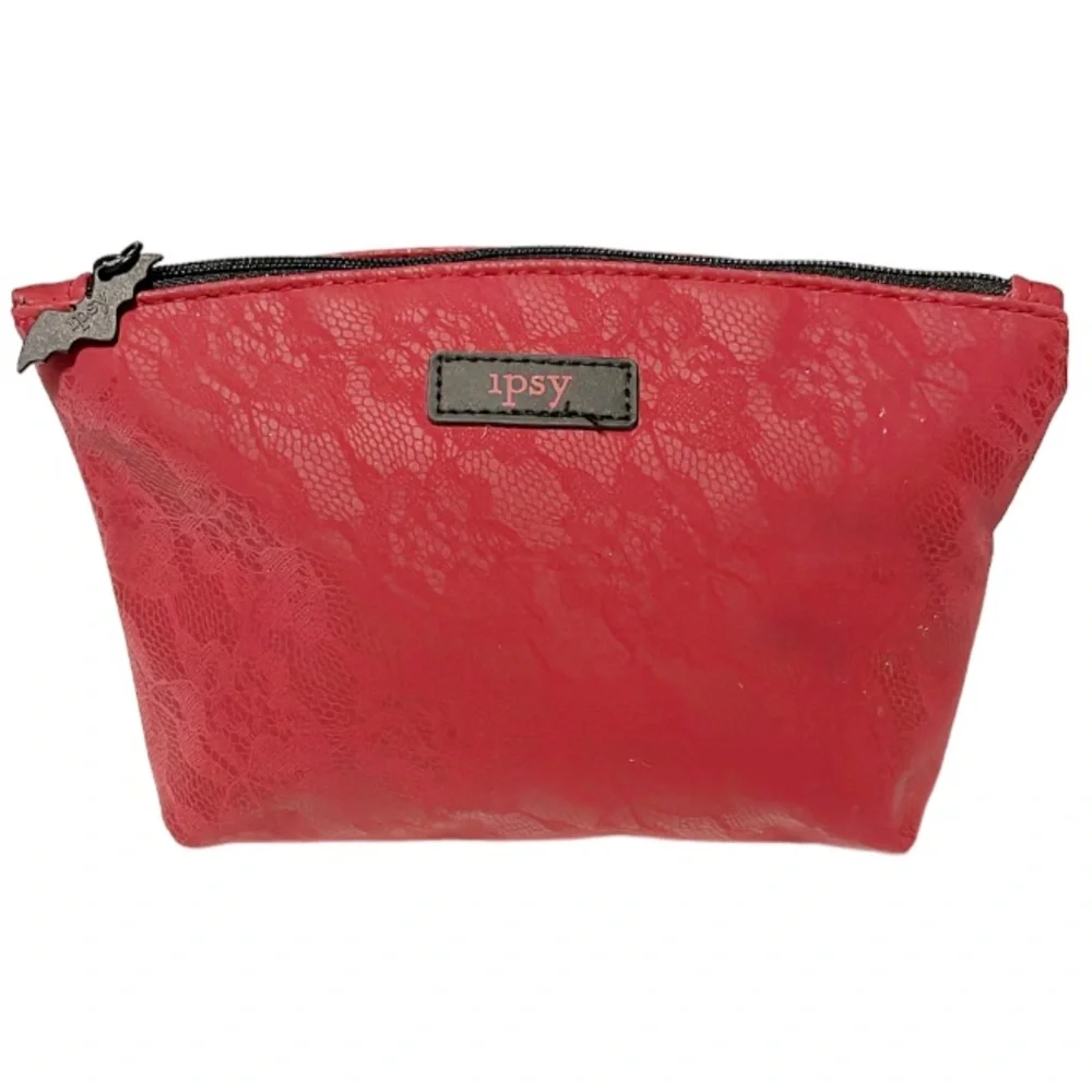 Ipsy red lace Halloween bat zipper make up bag